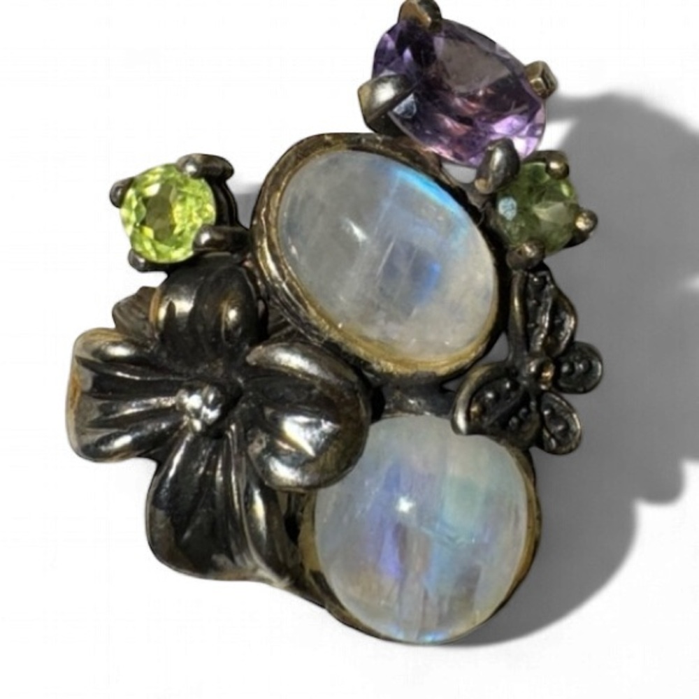 MOONSTONE RAINBOW AMETHYST PERIDOT DIAMOND GOLD AND .925 ORIGINAL CUSTOM RING